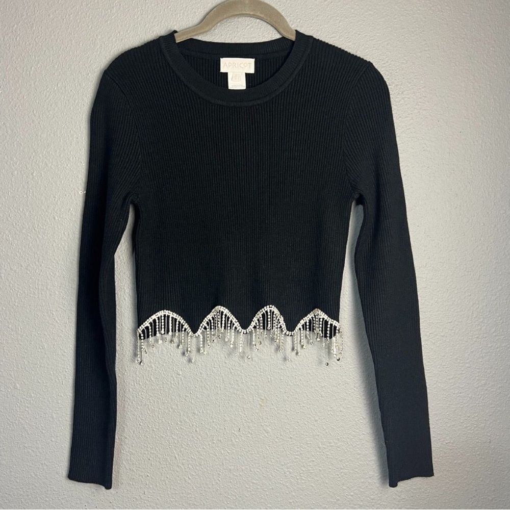 Apricot Black Ribbed Long-Sleeve Crop Top with Rhinestones Fringe Hem